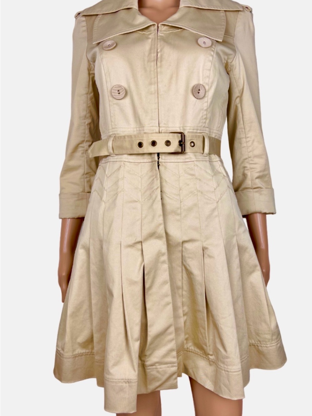 Vintage Diane Von Furstenberg Sz 2 Beige Pleated Trench Dress Coat with Belt